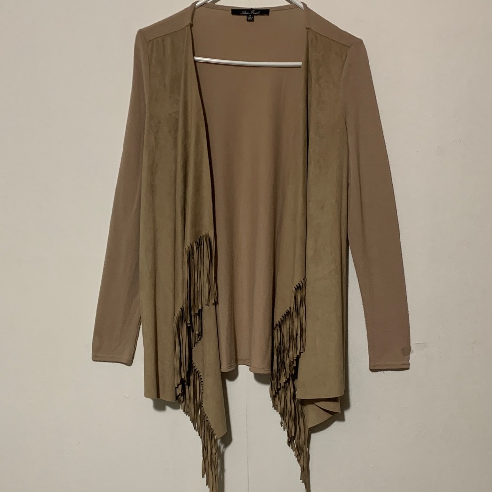 Anne French Tan Fringe Open Front Vardigan
